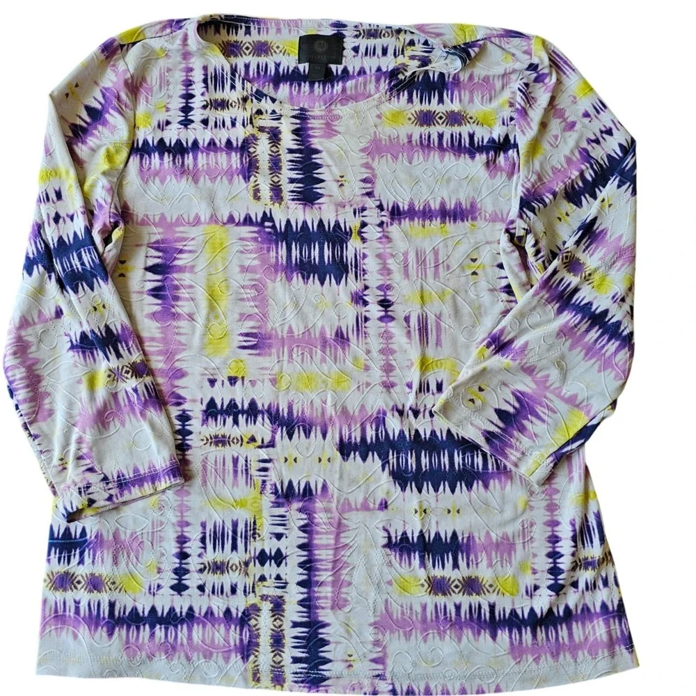 JM Collection Womens Petite Small Purple Yellow Abstract Ikat 3/4 Sleeve Top EUC
